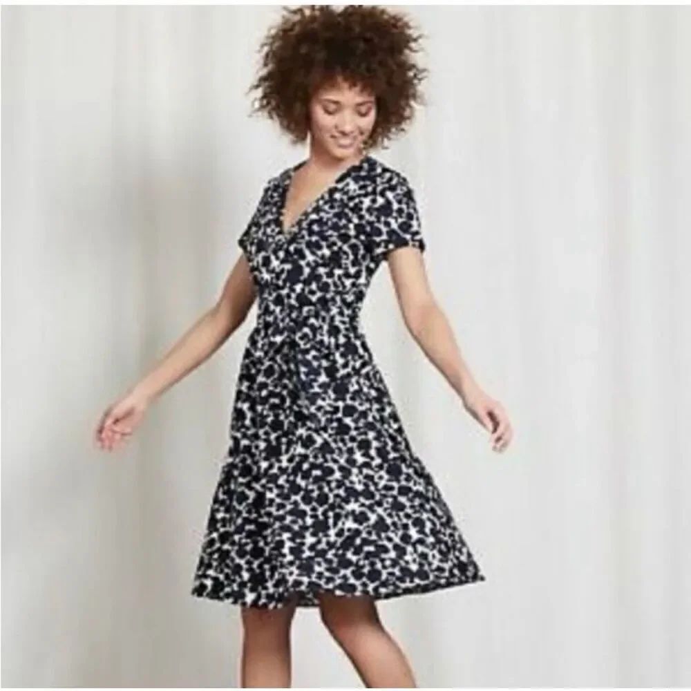 Boden Lara Wrap Dress Navy/White Apple Floral Print Cotton Stretch Retro Twee 14